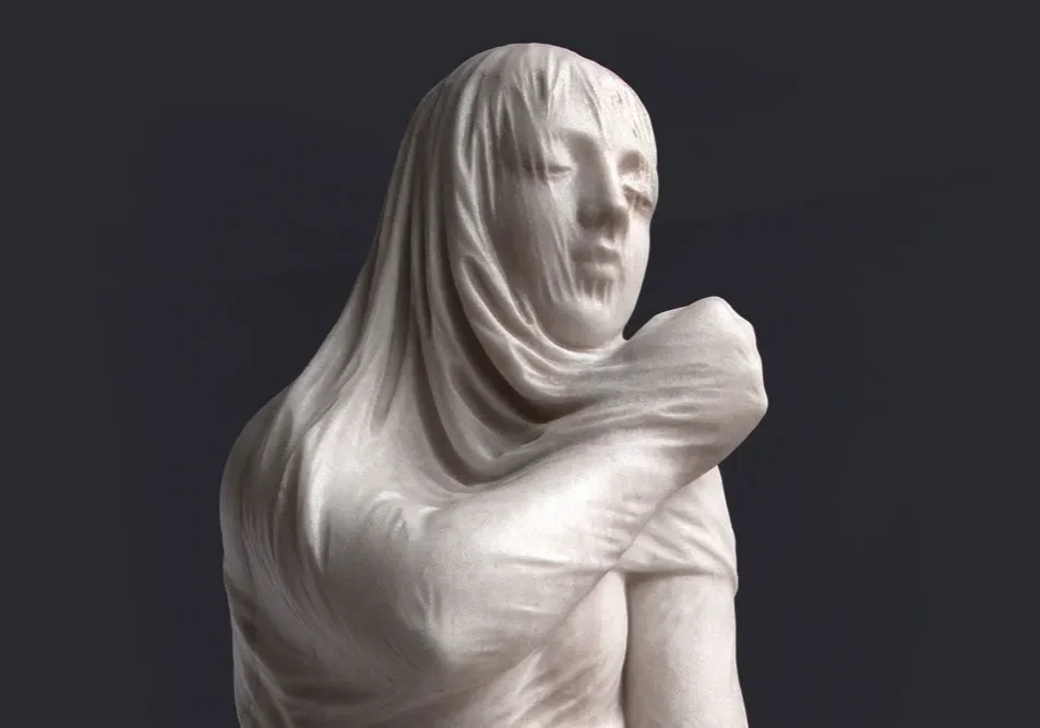 Intricately carved veiled figure in marble