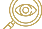 Gold magnifying glass logo on black background
